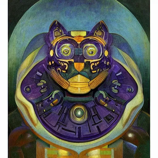 Prompt: beautiful ornate mechanical robot cat head, by annie swynnerton and diego rivera and nicholas roerich and jean delville, symbolist, dramatic lighting, god rays, elaborate geometric ornament, art brut, colors are soft greens and blues and purple, smooth, sharp focus, extremely detailed, adolf wolfli and ( donato giancola )