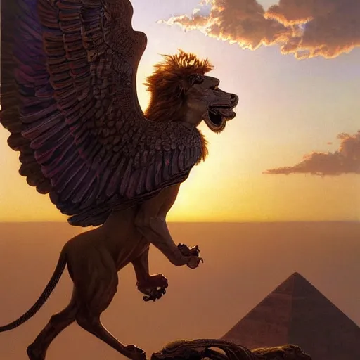 Image similar to a realistic oil painting of a winged lion's body with an eagle!! head, in an ancient egyptian temple, at purple sunset, highly detailed, trending on artstation, by james gurney and michael whelan and krenz cushart and alphonse mucha
