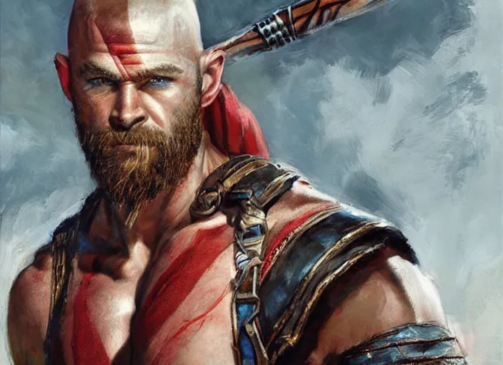 Image similar to a highly detailed beautiful portrait of chris hemsworth as kratos, by gregory manchess, james gurney, james jean