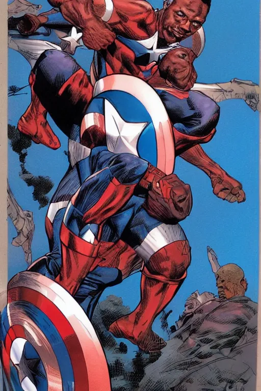 Prompt: black captain America. concept art by James Gurney and Mœbius.