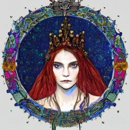 Image similar to the night crown, by Annie Swynnerton and Alayna Danner, embroidered robes, starry tattoos, elaborate costume, geometric ornament, symbolist, soft colors, dramatic lighting, smooth, sharp focus, extremely detailed