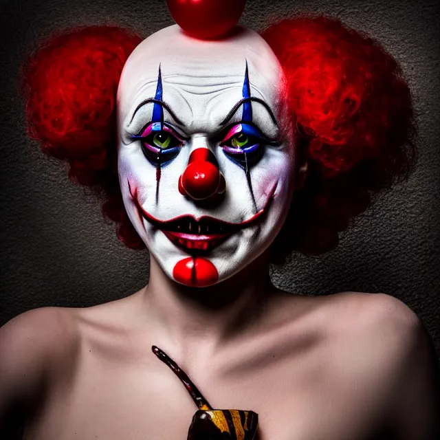 Image similar to full length photo of a beautiful female killer clown, highly detailed, 8 k, hdr, close up, smooth, sharp focus, high resolution, award - winning photo