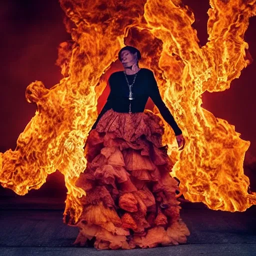 Image similar to “ a full - body fashion photograph of a hispanic fashionista wearing dresses made out of fire, high quality, high definition, ultra hq, highly detailed ”