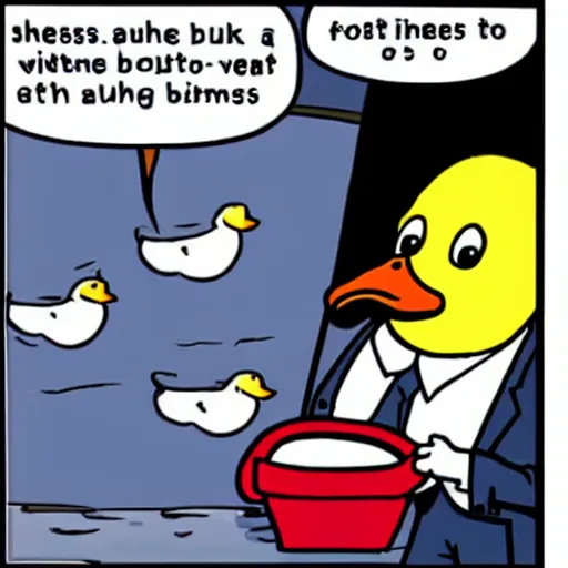 Prompt: Successful duck businessman bathes in money, cartoon,