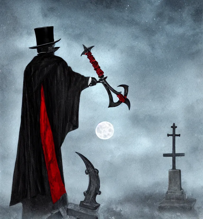 Prompt: a mysterious man in a cemetery on a full moon night wearing a top hat that hides!! his face and a beautiful black and red cape while holding a poseidon trident, digital art. digital painting, moonlight, detailed.