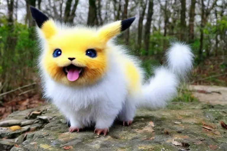 Image similar to real life pokemon, cute!!!, adorable!!!, fluffy!!!, happy!!!, cheeky!!!, mischievous!!!, ultra realistic!!!, spring time, clear weather, golden hour, sharp focus