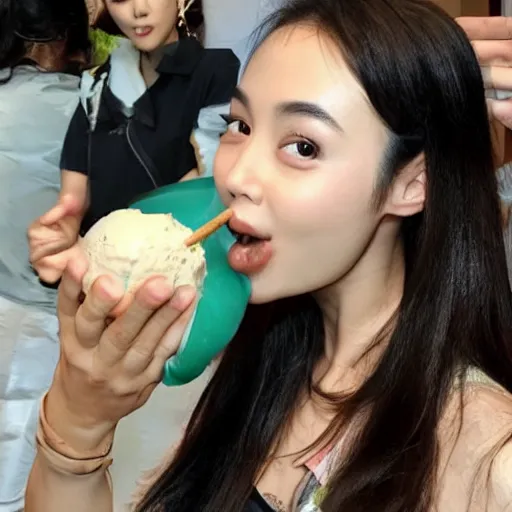 Prompt: angelababy eating a big poly-poop ice-cream