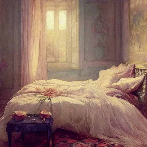 Image similar to a beautifull intricate watercolour painting of a bed room, reflexions, verry high details by william turner art, greg rutkowski and alphonse mucha, trending on artstation, very very detailed, masterpiece, muted colors