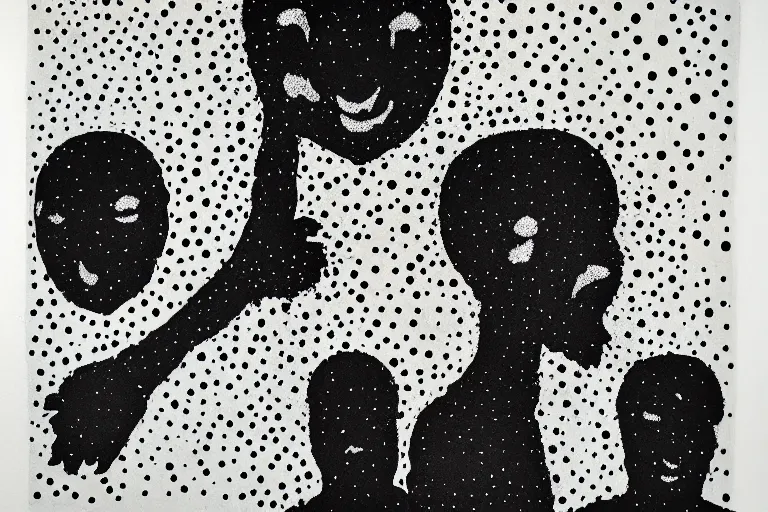 Image similar to teeth, smile, faceless people, black figures, dark, acrylic, clay, dots abstract, dripping, stipple, pointillism, technical, abstract, minimal, style of francis bacon, asymmetry, pulled apart, stretch, cloak, eerie, made of dots, abstraction chemicals, blotter, mask, colored dots, splotch, old painting style