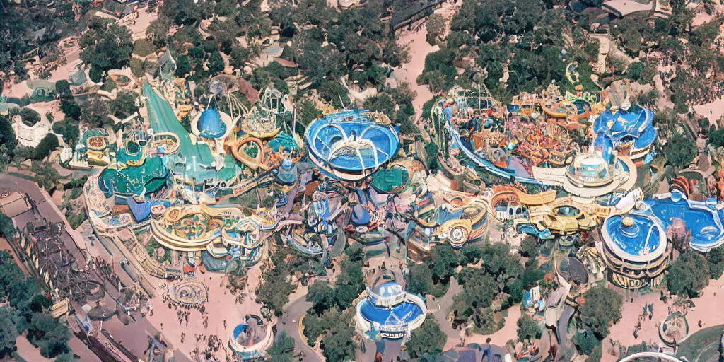 Image similar to 35mm photo of Disneyland, high angle view, 1965, colorized