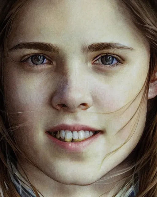 Prompt: close up portrait of 1 5 - year - old girl, smile with large front teeth, hermione granger, very bushy brown hair, and very bright brown eyes, wearing white shirt, hyper realistic face, beautiful eyes, close up, fantasy art, in the style of greg rutkowski, intricate, alphonse mucha, hyper detailed, smooth