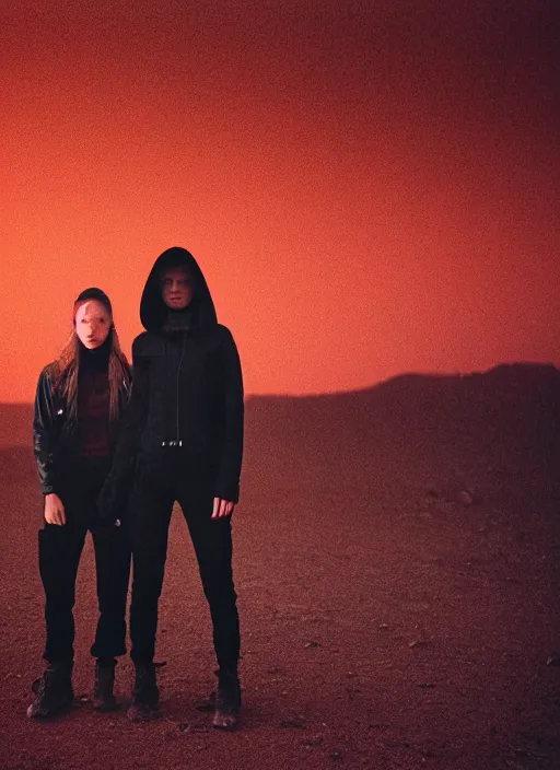 Image similar to cinestill 5 0 d 3 5 mm photographic portrait of two loving female androids wearing rugged black techwear on a desolate plain with a red sky, extreme closeup, lizard on ground, cyberpunk style, a brutalist dark metal facility in background, dust storm, 8 k, high resolution, f / 3. 2, ultra realistic faces