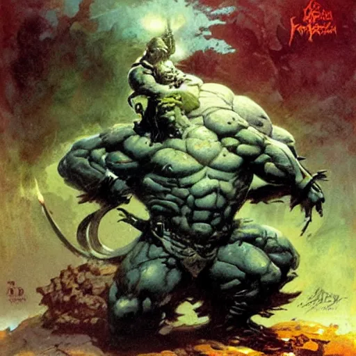 Image similar to warrior be enveloped gelatinous cube by frank frazetta