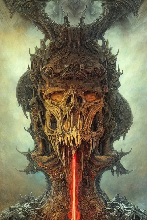 Image similar to evil gigantic alien skull lord demon of death, fantasy painting, ultra realistic, wide angle, art nouveau, intricate details, rainbowshift, vivid colors, highly detailed by peter mohrbacher, h. r. giger, maxfield parrish, gaston bussiere, gustave dore, craig mullins