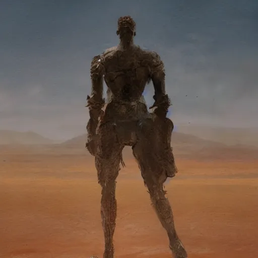 Image similar to Panorama view of a giant statue walking in a desert, oil painting, by Greg Rutkowski