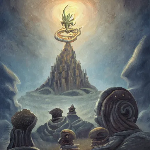Image similar to a village built on the god of nyarlathotep, toad - like creatures that seemed to change their shape and appearance constantly, and from which emanated, in some way that i am unable to distinguish, a horrible hooting, a kind of flute. oil painting, digital art, ultradetailed, artstation
