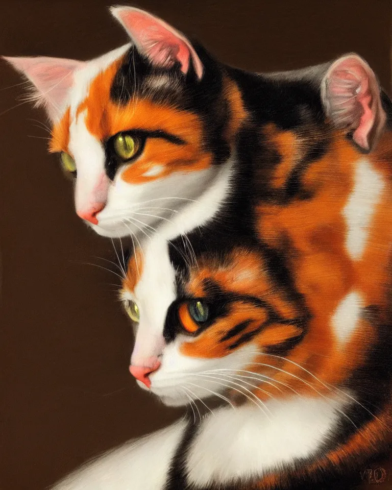 Image similar to close up portrait of one calico cat by vermeer. black background, three - point lighting, enchanting, realistic features, realistic proportions, centered, trending on artstation.