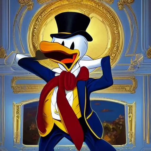 Image similar to Donald Duck meets Scrooge McDuck inside a room filled with gold pieces. Donald Duck wears a sailor suit and Scrooge McDuck wears a redingote and a top hat. Elegant, intricate, digital painting, artstation, concept art, smooth, sharp focus, illustration, art by artgerm and greg rutkowski and alphonse mucha