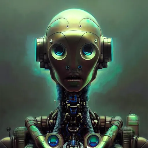 Image similar to detailed concept art of a diesel punk robot portrait, muted color palette, trending on artstation, award - winning video game concept art by jim burns and greg rutkowski, beksinski, a sci - fi concept art masterpiece, james gilleard, bruegel, alphonse mucha, and yoshitaka amano.