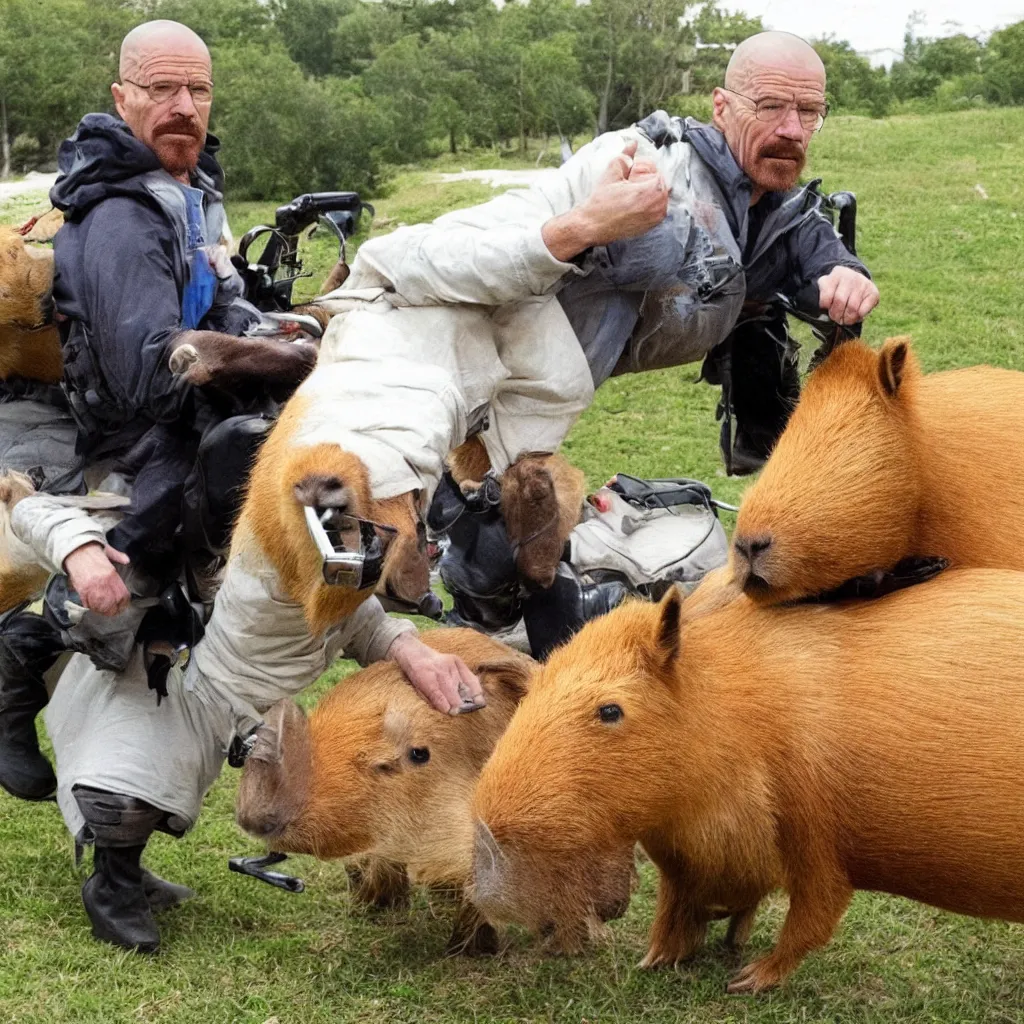 Image similar to Walter White riding a capybara