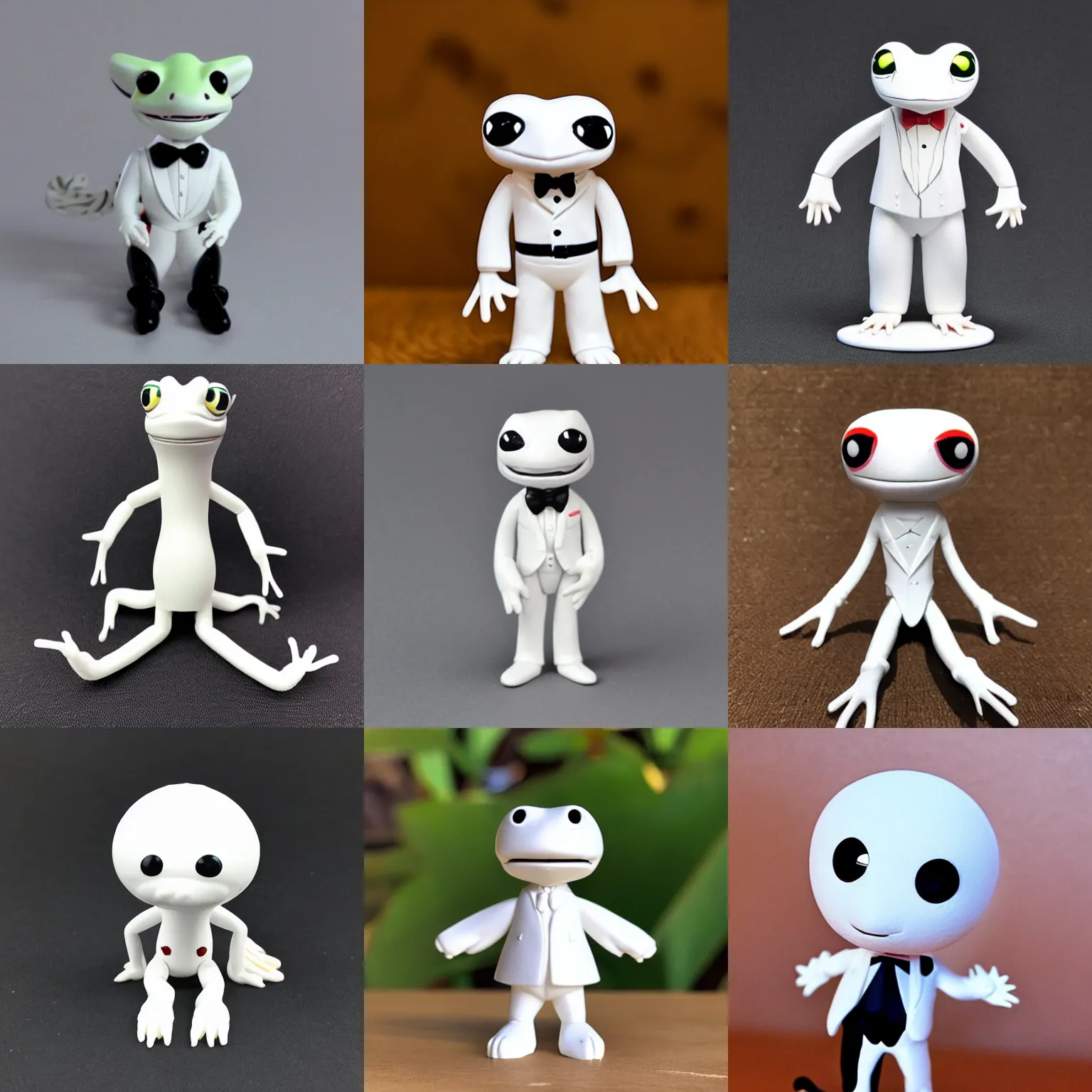 Prompt: Anthro gecko in a white tuxedo, vinyl toy figurine