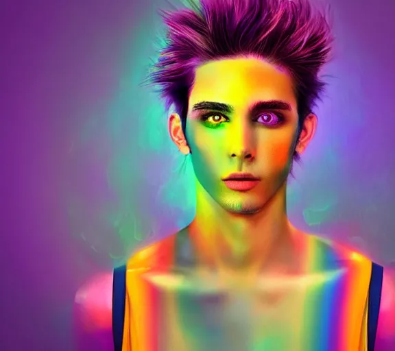 Image similar to extremely beautiful young man with hyperealistic glossy rainbow eyes, digital art, vivid background seductive look.