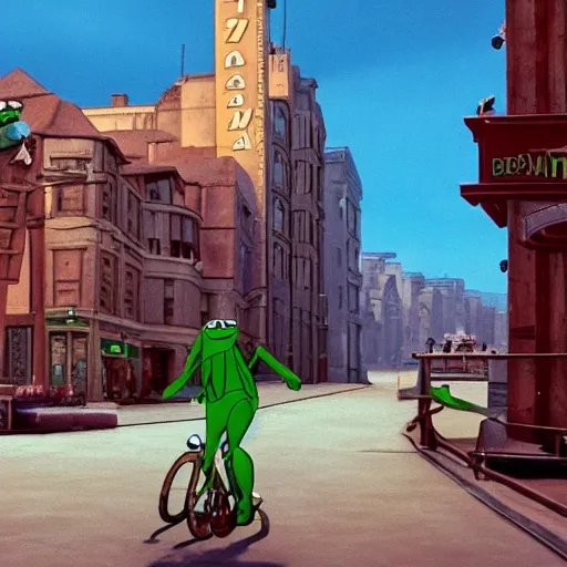 Prompt: A film still of Kermit the frog in The Triplets of Belleville (2003)