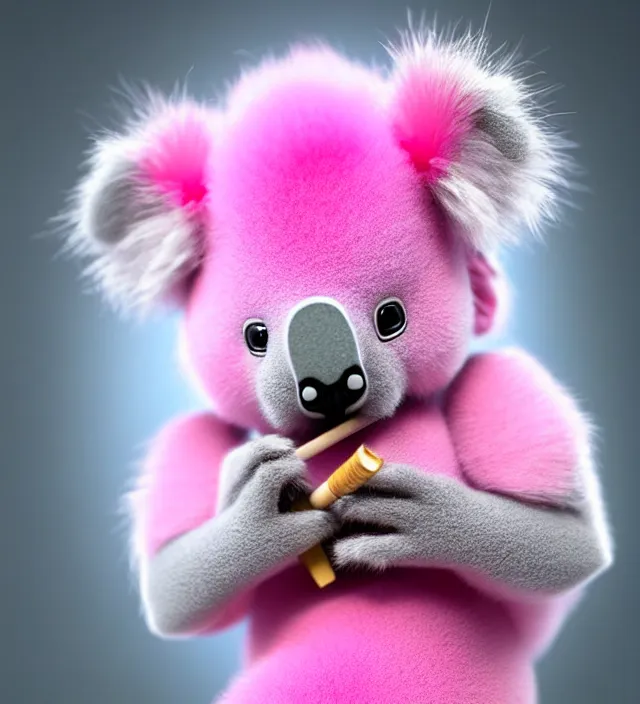 Image similar to high quality 3 d render hyperrealistic very cute small pink koala smoking weed joint, rising smoke, plush mascot, short spiky dense fluffy smooth hair, photo from the side, pink fluffy fur, 1 5 0 mm, beautiful natural soft light, rim light, vray, smooth background, artstation, ultra detailed