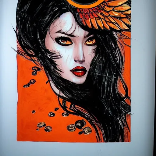 Prompt: painting in style of jim lee, very young, dark angel of coffee, the extremely hot and sexy, shiny black dress, long red hair, freckles, orange halo around her head, black wings, huge cup of coffee