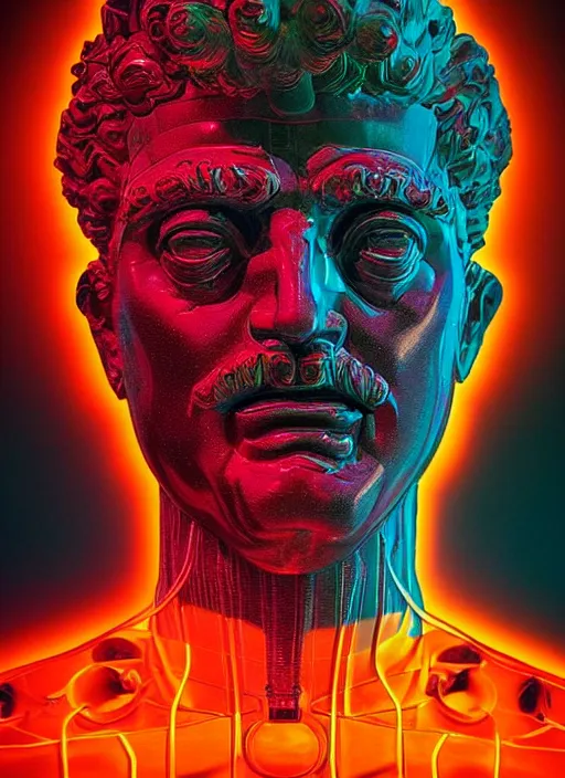 Image similar to statue of dionysus, beeple, dan mumford, vaporwave, retrowave, black background, neon wiring, black, glitch, strong contrast, cuts, pinterest, trending on artstation