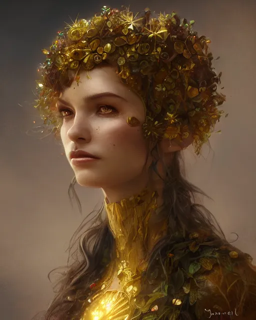 Prompt: dryad, perfect face, gold waistcoat, cinematic, stunning, highly detailed, digital painting, artstation, smooth, hard focus, illustration, art by jessica rossier and and brian froud