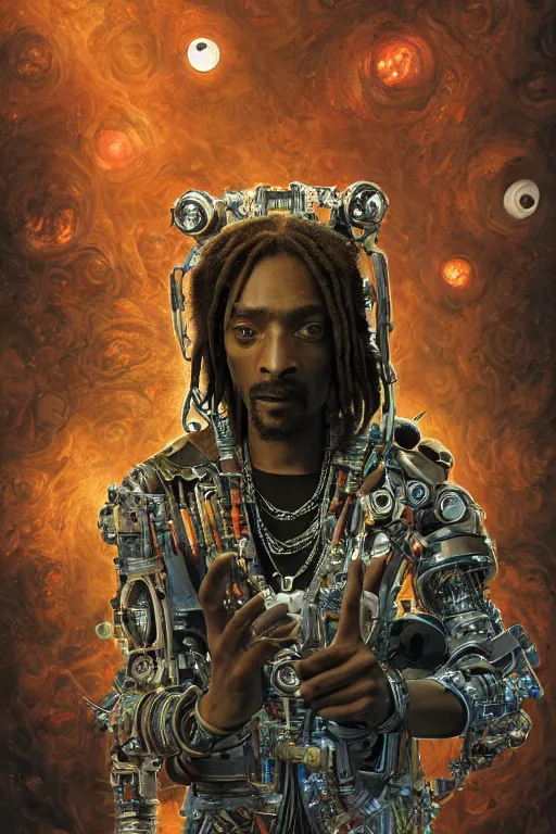 Image similar to a fisheye lens photo of a post apocalyptic tribal cyborg snoop dogg tweaking and playing synthesizers in the most complicated and technical spiral fractal musical studio, powerful, cinematic, beautifully lit, by donato giancola, by artgerm, by karol bak, 3 d, perfect face and body, trending on artstation, octane render, 8 k