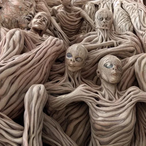 Prompt: dmt bodies. Mesh of human figures intertwined. earthen colors. Beautiful, realistic, extremely anatomical marble sculptures. A sea of bodies sculpted by August Rodine.