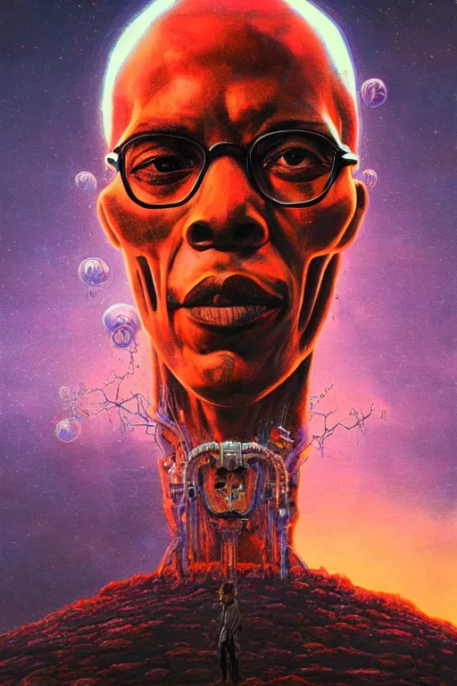 Prompt: 4K Malcom X cyberskull portrait inspired in beksinski and dan mumford work, remixed with Simon Stalenhag work, sitting on the cosmic cloudscape