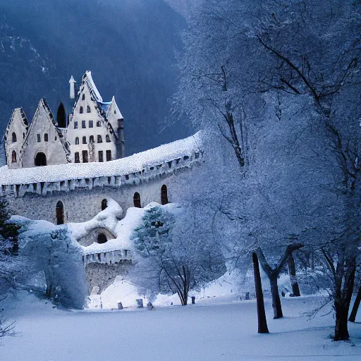 Prompt: vampire's castle in the mountains, snowy