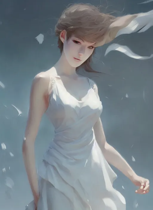 Image similar to a girl with elegant white dress, digital art by krenz cushart, laurie greasly, wlop, artgerm, intricate, ( highly detailed figure ), sharp focus, smooth, epic composition, joyful, unreal engine