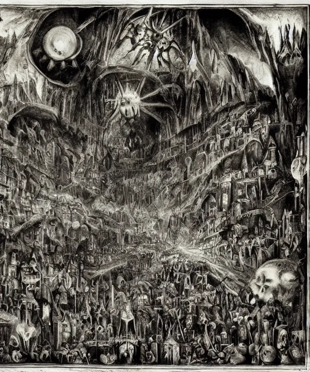 Image similar to mines of moria, khazad dum, halls of durin, middle earth, jrr tolkien, a bright orb of light in the center of a grand hall, outer edges fade into pitch black, creatures crawling out from the darkness toward the light, in the style of hieronymus bosch