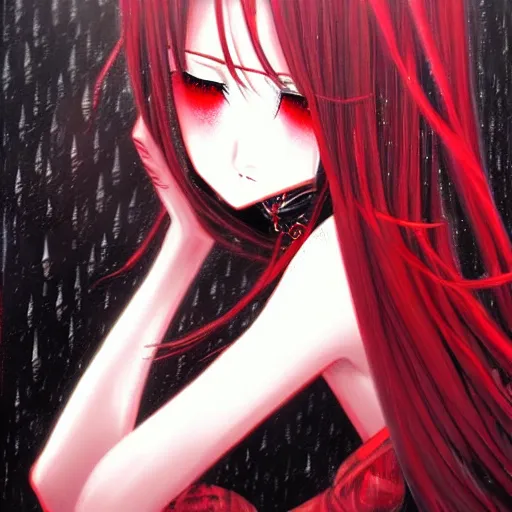 Prompt: beautiful seductive female goddess, in the rain, highly detailed, painting, dark red and black color palette, intricate, high quality anime artstyle, in the style of sana takeda