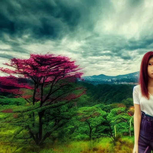 Image similar to a beautiful photograph of a girl with japan landscape in the background with trees, hdr, 8 k, high quality, sharp focus, artstation, highly detailed, award - winning, dramatic lighting, beautiful clouds, and nature