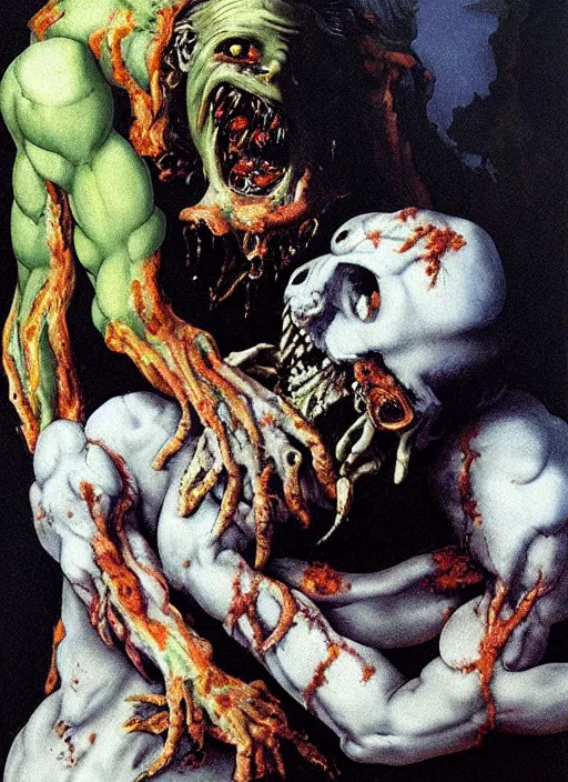 Image similar to Michelangelo painting of a disgusting vile zombie monster eating a man, cult horror, kitchen inspired by The Thing, by Cronenberg and greg nicotero