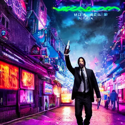 Prompt: Keanu Reaves riding a unicorn thought a HDR neon lit alley, a still shot from John Wick 2, holding a gin, holding an mk-18 at character dressed as Luigi from Mario, epic fantasy style, digital art, 8k high defition
