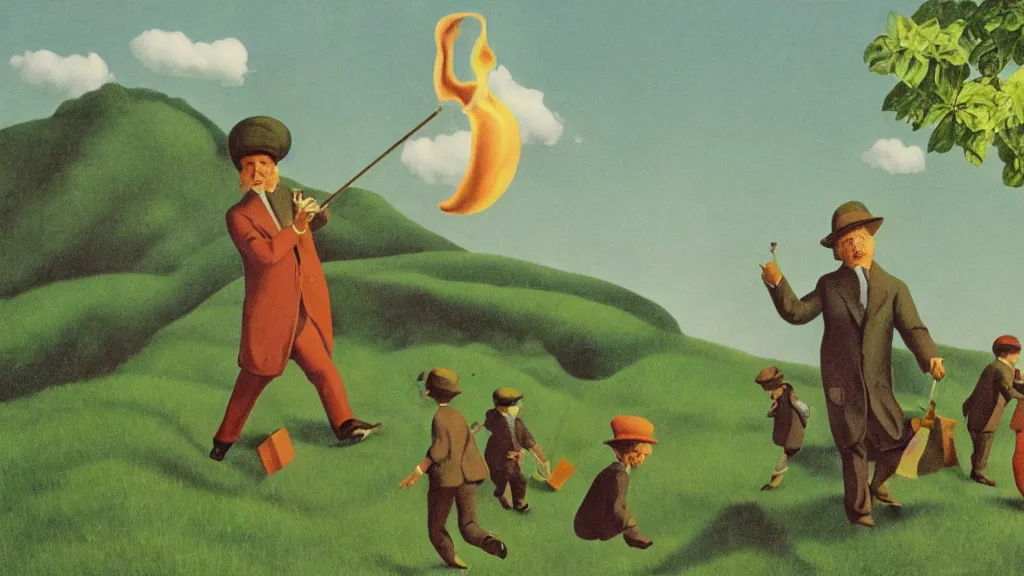 Prompt: A vintage scientific illustration from the 1970s of the Pied Piper luring hundreds of children up a hill while playing his pipe by René Magritte