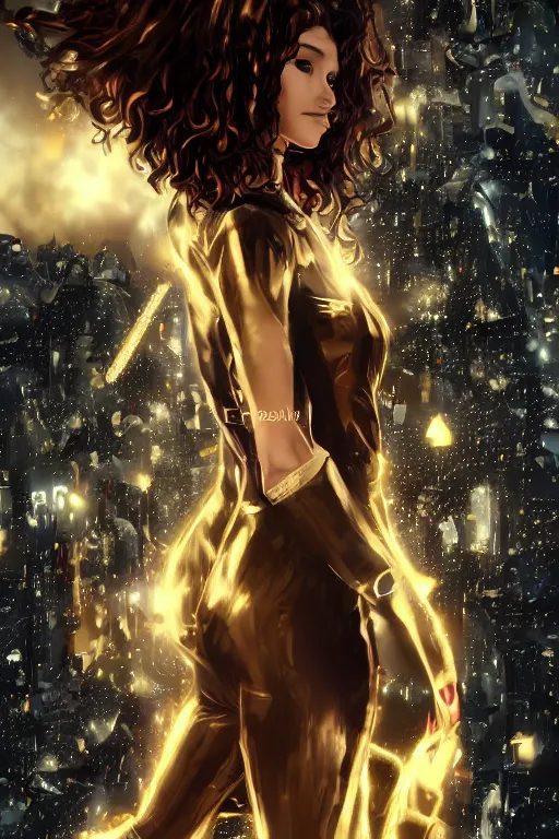 Prompt: A curly-haired girl in brown hair rushes into a black leather suit against the background of golden sparks, red mist, Anime, cyberpunk, gothic, dark fantasy, art, 4k,