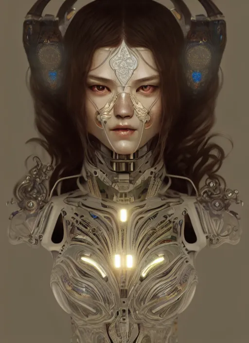 Image similar to ceramic cyborg, yuan, diffuse lighting, fantasy, intricate, elegant, highly detailed, lifelike, photorealistic, digital painting, artstation, illustration, concept art, smooth, sharp focus, art by John Collier and Albert Aublet and Krenz Cushart and Artem Demura and Alphonse Mucha