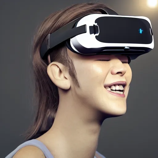 Prompt: realistic photo of a beautiful smiling person wearing a modern virtual reality headset, hypermaximalistic, high details, cinematic, 8 k resolution, beautiful detailed, insanely intricate details, artstation trending, octane render, unreal engine