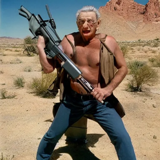 Image similar to george soros wrestling posing with an ak 4 7 in the desert anime stlye