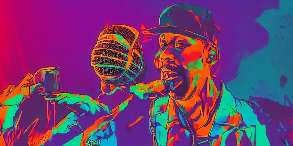 Image similar to rapping into microphone, on stage at festival during lightning storm, digital art, vapor wave, hip hop, surreal, psychedelic, trending on Artstation, professional artist, detailed, 4k