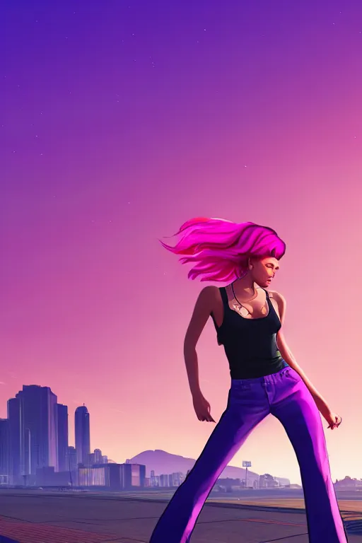 Image similar to a stunning GTA V loading screen with a beautiful dancing woman with ombre purple pink hairstyle, hair blowing in the wind, sunset mood, outrun, vaporware, retro, digital art, trending on artstation