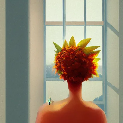 Image similar to closeup, giant flower head, woman next to modern windows, luxury apartment, surreal photography, dramatic light, impressionist painting, digital painting, artstation, james gilleard