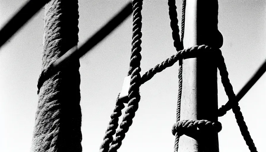 Prompt: 1 9 6 0 s movie still close - up of marcus atilius regulus'face tied with ropes at a pole with wide - open eyes looking directly at the burning sun, his eyes are bleeding intense, cinestill 8 0 0 t 3 5 mm b & w, high quality, heavy grain, high detail, texture, dramatic light